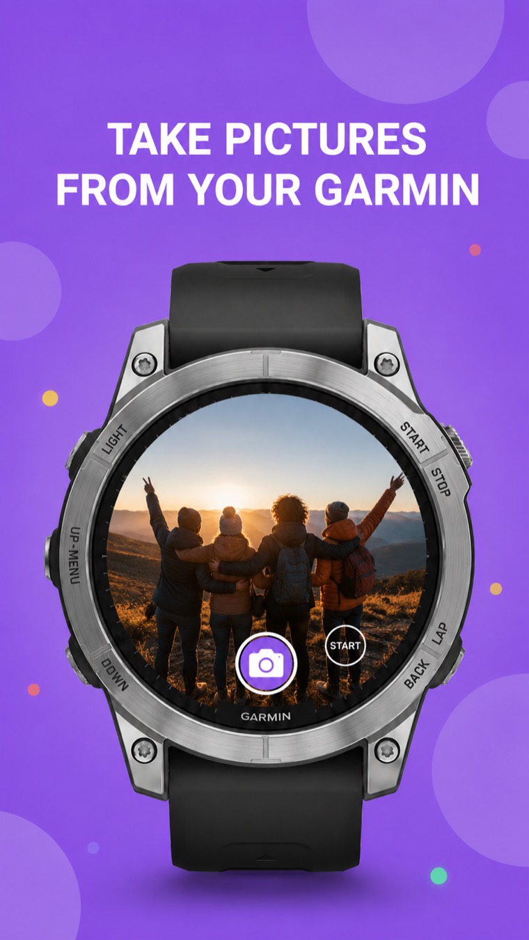 A Garmin watch showing a live preview of a phone's camera, ready to take the picture from the wrist