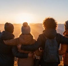 Friends arm in arm watching the sunset over the hills