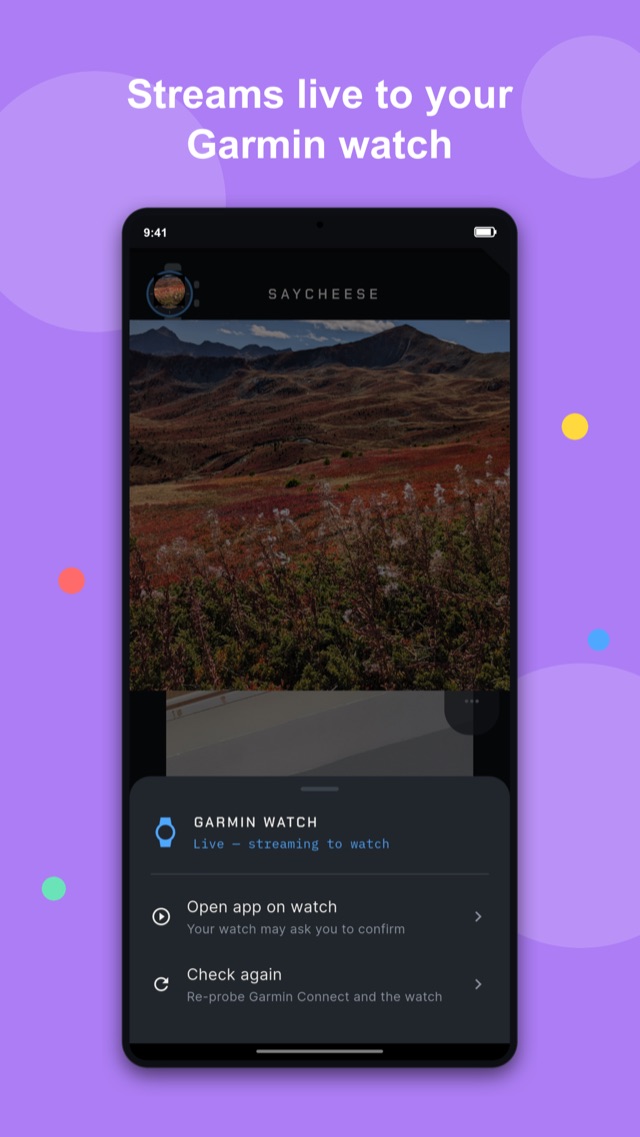 SayCheese phone app streaming the live camera feed to a connected Garmin watch