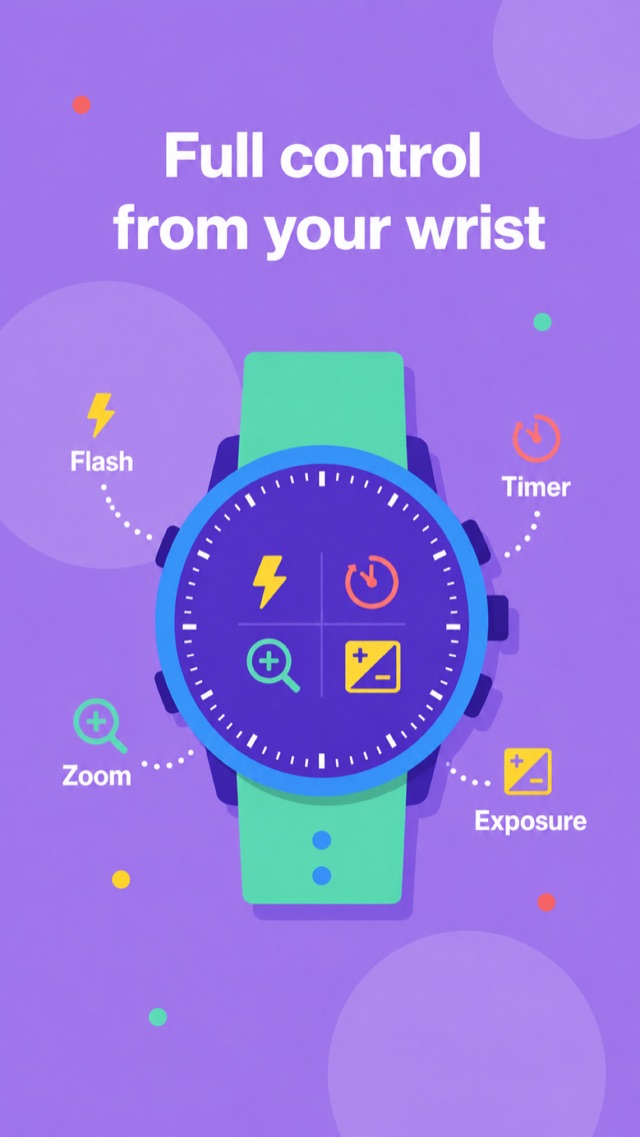 Garmin watch showing flash, timer, zoom and exposure controls