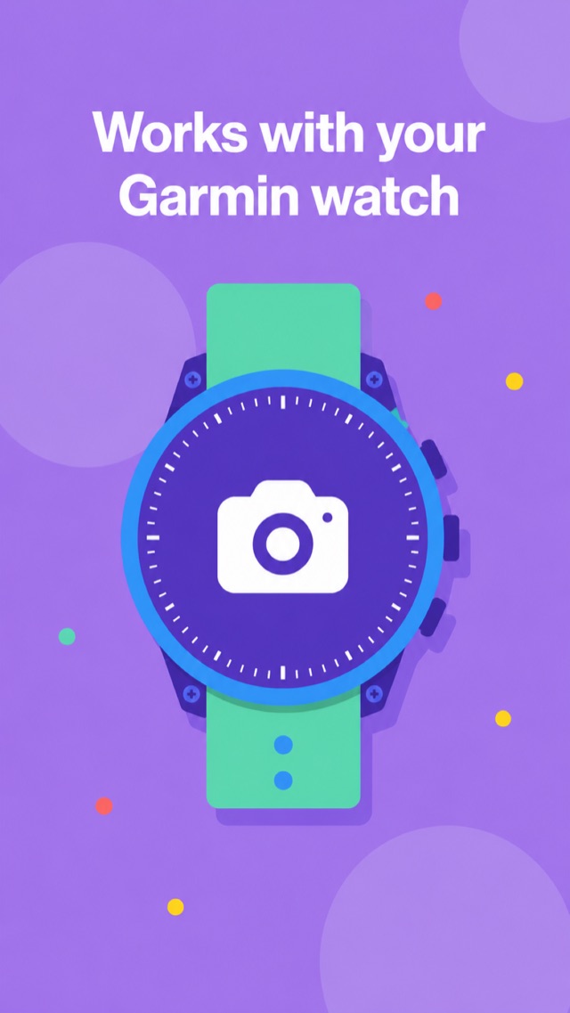 A Garmin watch with a camera icon, showing the app works with Garmin watches