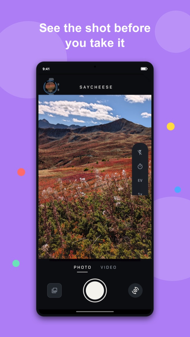 SayCheese phone app showing the live camera viewfinder with photo and video modes