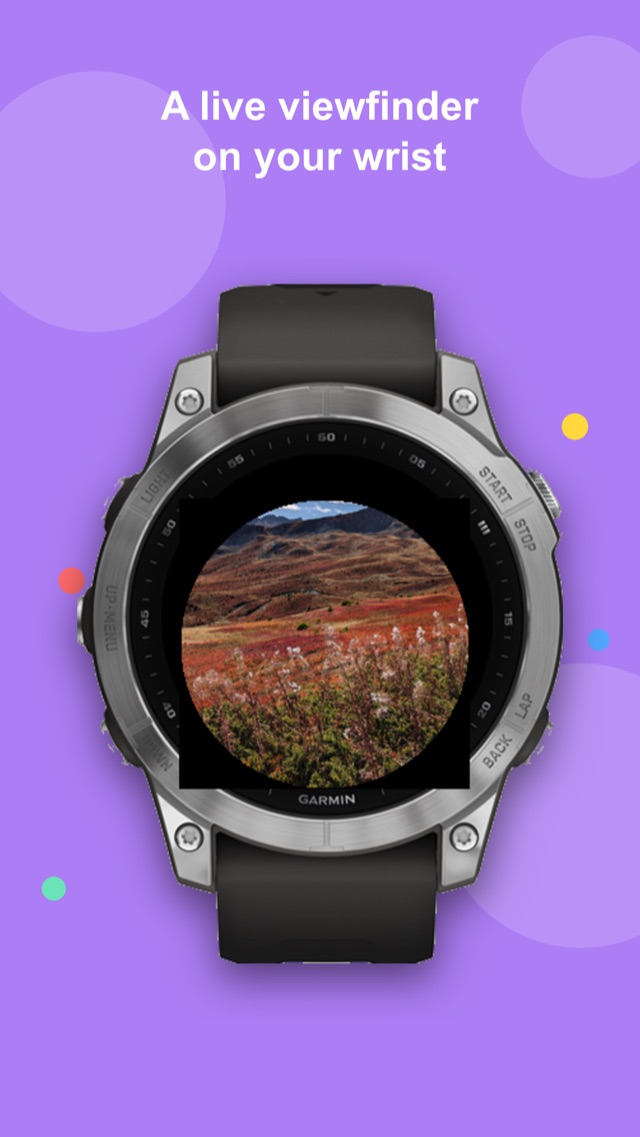 A Garmin watch showing the live camera viewfinder on its face
